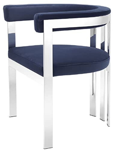 Casa Padrino Silla de Comedor de Lujo con reposabrazos Azul Medianoche/Plata 61 x 56 x H. 73 cm - Silla de Cocina de Acero Inoxidable con Tela de Terciopelo Fino - Muebles de Cocina de Lujo