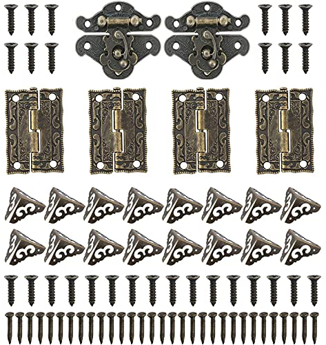 2PCS Serratura Antica Bronzo, 4PCS Cerniere Decorative Vintage, 16PCS Protezioni Angolari Vintage, con Viti, Protezioni Decorative D'angolo, Cerniere Quadrate, per Mobili,Scatole di Legno,Portagioie