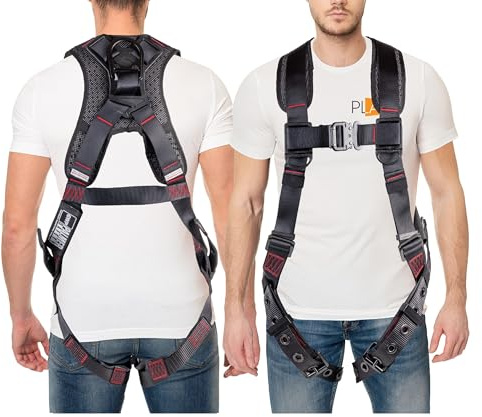 ATERET Fall Protection 5pt Safety Harness, 1D-Ring, Quick-Connect Buckle, Grommet Legs, Sewn in Back Pad I OSHA ANSI Compliant Personal Equipment (Black - Universal)