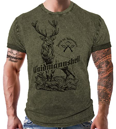 Herren T-Shirt für Jäger: Waidmannsheil - Jagen ist Naturschutz - Used Look Oliv 100% Reine Baumwolle