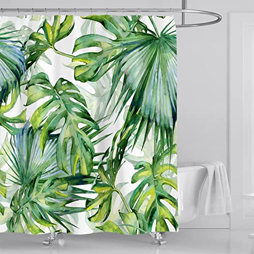 OCEUMACO Duschvorhang 180x200 Grün Monstera Blätter Shower Curtains Textil Antischimmel Dschungel Pflanzen Palmenblätter Motiv Duschvorhänge Badewanne Stoff aus Polyester Waschbar Vorhang
