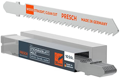 Presch Stichsägeblätter Holz 10 Stk. - Sehr sauberer, gerader Feinschnitt (3-30mm) - Langlebige T-Schaft Sägeblätter für jede Stichsäge - Sägeblätter für Spanplatten, Weichholz, MDF, uvm.