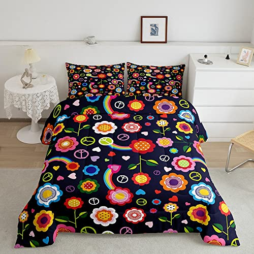Blumen Bettwäsche 135 x 200 Regenbogen Peace Zeichen Tröster Set für Mädchen Erwachsene Damen 60er 70er Jahre Groovy Vintage Garten Botanisch Bettbezug Halloween Dekor Disco Hippie Indie Zimmerdekor