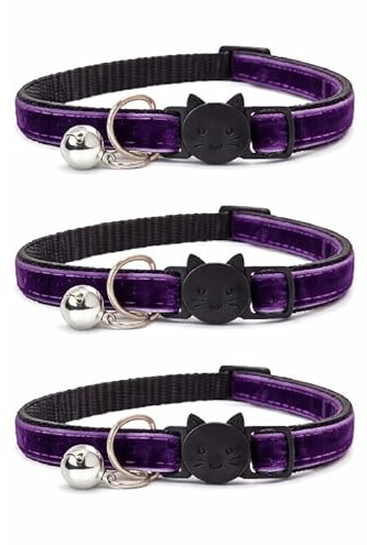 Velvet Cat Collars with Bell. Safe Breakaway Quick Release Buckle. Available in Cat & Kitten Size (Pack of 3) (Kitten Collar (15cm - 23cm), Deep Purple Velvet (Pack of 3))