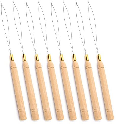 Hair Extension Loop Needle Threader Tool, Wood Hair Extension Pulling Hook Tools for Micro Rings Nano beads Styling Accessories 8 Pcs