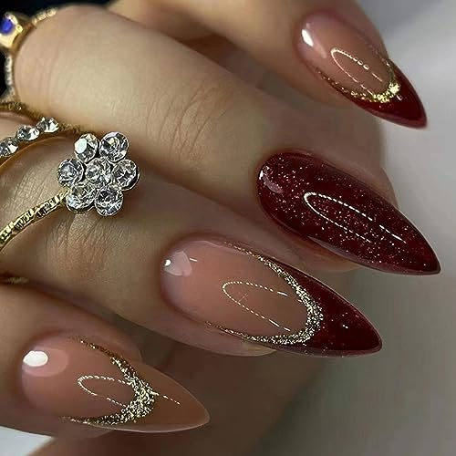 24 Pièces Faux Ongles Moyen Amande French Ongles à Coller Acrylique Capsules Brillant Ongles à Presser avec Autocollants Adhesif pour Filles Femmes DIY ou Nail Salon (Vin rouge)