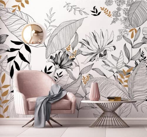Papier Peint Panoramique Feuilles De Fleurs Minimaliste Noir Et Blanc Papier Peint Intissé 3D Tapisserie Poster Decoration Murale Chambre Salon