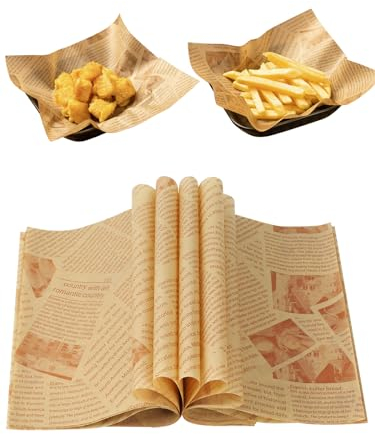 CoKeeSun 120 Pcs Greaseproof Paper Sheets Newspaper, 22cm*22cm Printed Food Wrapping, Burger Paper, Food Basket Liners, Wax Paper for Bread Sandwich Fish Chip Deli Cakes Gift