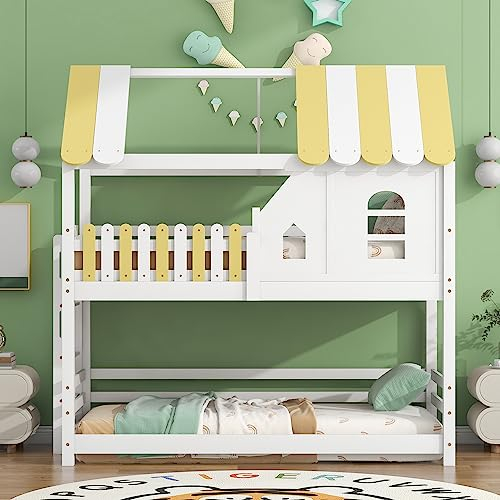 Etagenbett, Hausbett mit Treppe und Fenster, Doppelbett Hausbett, Kinderzimmer, Kinderbett mit Fallschutz und Gitter, Rahmen aus Kiefer, Weiß+Gelb (90x200cm)
