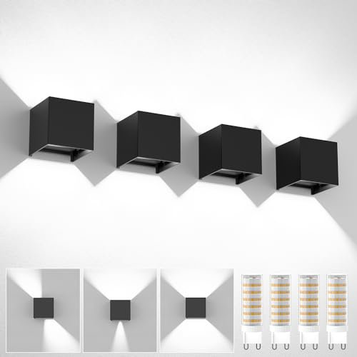 YrgePowk 4 Stück Wandlampe Mit Austauschbarer G9 LED Lampe 6000K Kaltweiß LED Wandleuchte Aussen IP65 Wasserdichte Up Down Einstellbarer Abstrahlwinkel Design Aussenbeleuchtung - Schwarz