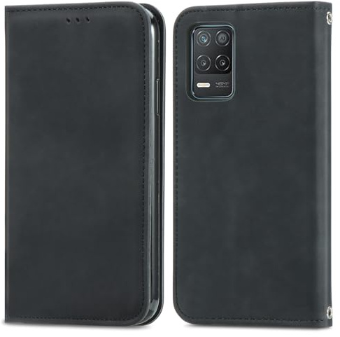WBWONE Funda para Realme 8 5G / Realme Narzo30 5G, Tipo Libro Funda de Tapa PU Cuero Carcasa Billetera con Función de Soporte y Tarjetas Ranuras - Negro