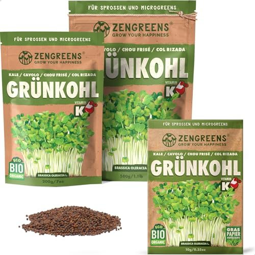 ZenGreens® - Bio Grühnkohl Sprossen Samen - Wähle zwischen 10g, 200g und 500g - Grühnkohl Bio Saatgut - Keimrate von über 95% - Grühnkohl Sprossensamen zum Keimsprossen ziehen - Microgreens
