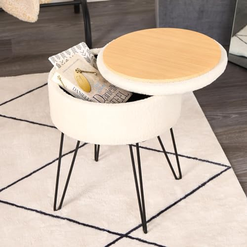 OHS Boucle Cream Footstool, Storage Vanity Chairs for Dressing Table Bedroom Living Room Hairpin Legs Ottoman Stool Decorative Padded Teddy Fleece Pouffe Foot Stools