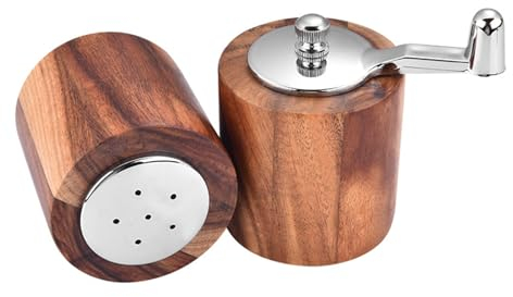 RENHUAVOY Salt and Pepper Mill, Hand Crank Wood Pepper Grinder Salt Shaker with Handle and Adjustable Coarseness Ceramic Handheld Mill Maker
