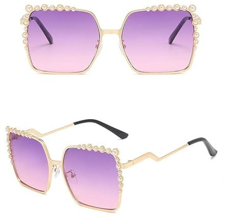 HAZARA Mode Übergroße Quadratische Sonnenbrille Frauen 2021 Neue Luxus Perle Rahmen Gradient Sonnenbrille Damen Shades Sommer Brillen A (Farbe : Gold, Size : 6)