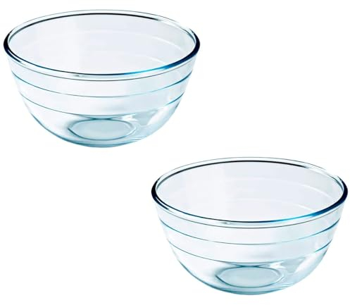 Tradineur - Pack de 2 cuencos redondos de vidrio, bol para mezclar, ensaladera apilable, apto para microondas y lavavajillas, cocina - 1 litro - 17 x 10 cm