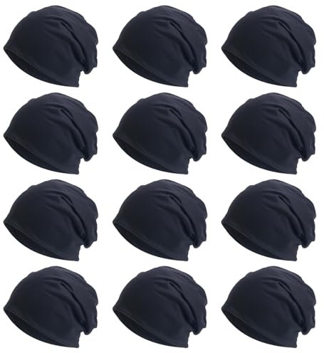 Tergy 12 Stück Unisex Beanie-Mützen für Männer und Frauen, Slouchy Beanie, Hip-Hop-Kappen, leicht, weich, Totenkopf-Kappen für Chemo-Schlaf, 12 schwarz, 64 EU