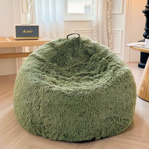 XeGe Bequemer Kunstfell-Sitzsackbezug (ohne Füllung), Flauschiger Kuscheltier-Speicher-Sitzsackbezug für Schlafzimmer & Home Decor, pelziger Sitzsack für Erwachsene Kinder, rutschfest, Salbeigrün
