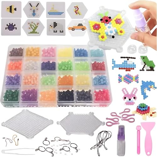 PTIT'GÉNIE Wasserperlen-Set mit 2800 Teilen mit Zubehör – Kreatives und pädagogisches Set für Kinder – vorgefertigte Modelle, 2 verschiedene Schablonen, viele Farben und Zubehör – 19 x 13 x 2 cm