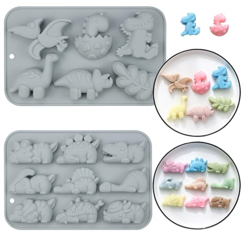 Rongxze 2 Set Dinosaurier Silikonform, Silikon Schokoladenform, Keks Silikonform, Dinosaurier Backform für Süßigkeiten, Pudding, Eiswürfel, Kleine Seife, Muffins (A)