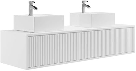 Vente-unique - Waschbeckenunterschrank hÃ Â ÂÂ Ã Â ¤ngend mit Doppelwaschbecken - Streifenoptik - WeiÃ Â ÂÂ Ã Â ÂÂ - 150 cm - ARNEGA