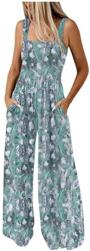 Women's Jumpsuits Casual Loose Overalls One Piece Sleeveless Floral Printed Wide Leg Long Pant Ladies Dungarees Rompers with Pockets