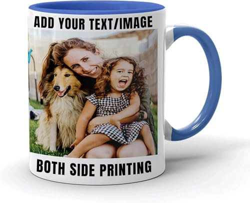 EKAM Personalised Mug - Photo Printed Collage Design Logo Custom Cup 11oz, Multi-Purpose Present for Mum Dad Friend for Any Occasion (Blue)