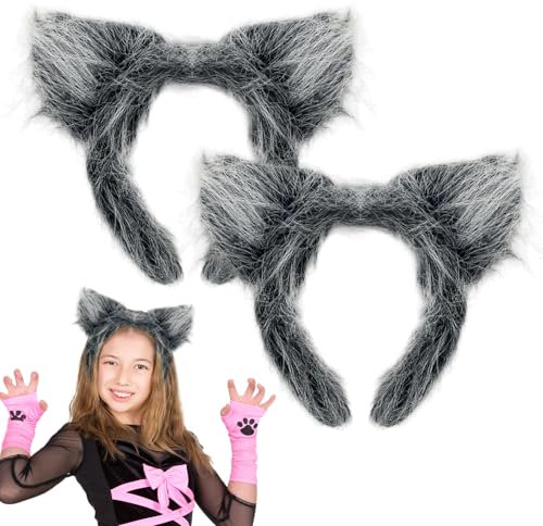 FUIPVGI 2 Pièces Serre Tete Oreilles Loup Poils Bandeau Oreille de Loup Oreille pour Hommes Femmes Anime Cosplay Costume Accessoire de Costume Halloween Noël Fête (Gris foncé)