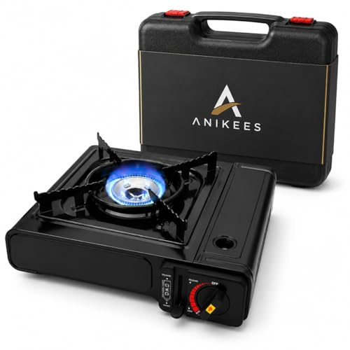 ANIKEES Portable Camping Stove with Carry Case, EN417 Compatible Gas Cooker, Automatic Ignition & Adjustable Heat, Compact Butane Stove for Camping, Fishing, Hiking & Outdoor Cooking