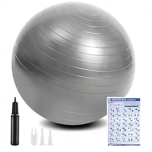 flintronic Gymnastikball, 65 cm Ultra-Dicker Anti-Explosions-Yoga-Ball mit aufblasbarer Fußpumpe, Robuster Maximalbelastbarkeit Fitness-Ball für Sport-Fitness, Yoga, Pilates(Grau)