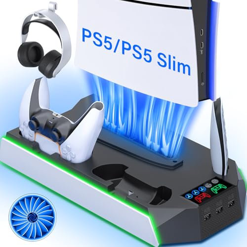 Stazione di raffreddamento sottile per PS5/PS5 con controller stazione di ricarica, supporto di raffreddamento con luce LED per Playstation 5 Slim Disc/console digitale, accessori inclusi luce RGB