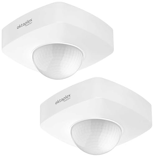 Oktaplex - Set di 2 rilevatori di presenza Tim 360°, sensore di movimento per esterni, IP65, sensore di movimento PIR, bianco, 230 V, sensore di movimento