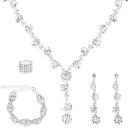 Telooco Strass Hochzeitsschmuck Kristall Hochzeit Brautschmuck Damen Halskette Armband Ohrringe Schmuckset Strass Kristall Hochzeit Schmuck für Braut Brautjungfern Party Abschlussball Modeschmuck