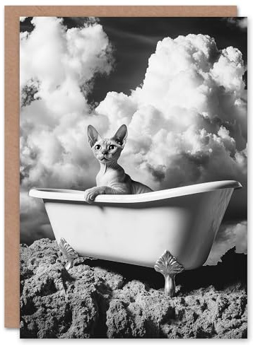 Artery8 Greeting Card Cat Lover Sphinx in Bathtub Black White Surreal Blank For Him Or Her Art Birthday Card