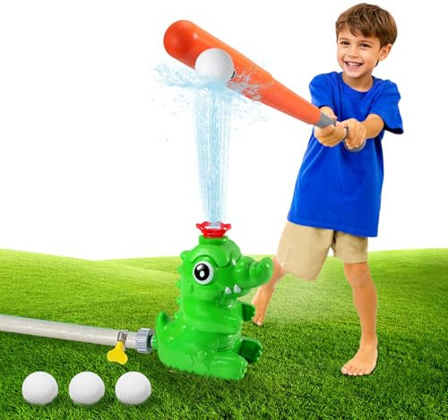 MoKo 2-in-1-Wassersprinkler & Baseball für Kinder, Krokodil 360° Rotierende Wassersprühgerät, Kleinkind Outdoor-Spielzeug für Hinterhof Rasen Garten Pool, Grün