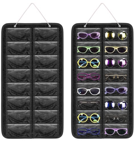 HNBTX 16 Compartiments Organisateur De Lunettes Suspendu,Rangement Lunette De Soleil,Murale Sac à Lunettes De Soleil Feutre éTanche à La PoussièRe Suspendu à La Porte - Noir