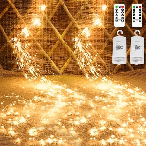 Lichterschweif Wasserfall Lichterkette Warmweiß: 2 Stück 8 Modi Wasserdicht Lichterkette Fernbedienung, Batterie lichterkette Garten Dekoration für Innen Außen Deko Weihnachtsbeleuchtung(2M 200 LED)