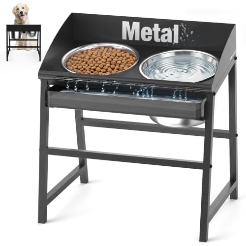 Spill Proof Tilted Elevated Dog Bowls for Large Breed, 15“ Tall Raised Dog Bowl with Stand, Stainless Steel Dog Food Bowl & Water Bowl Set for Indoor & Outdoor Use, Easy Clean Large Dog Bowl Dog Dish