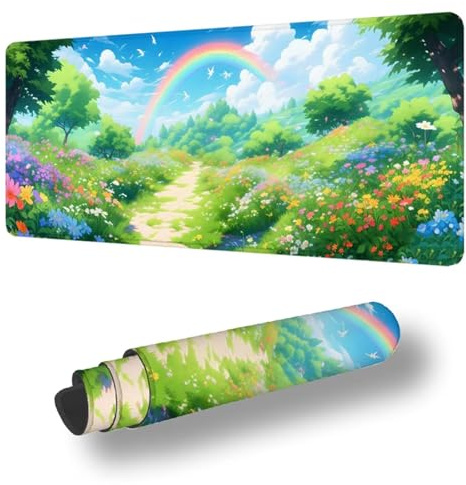 Mauspad Regenbogen Mousepad XXL 900 x 400 x 3 MM Verlängertes Groß Schreibtischauflage, mit Nähten an den Rändern Wassxerdicht Gaming Mauspad Garten Schreibtischmatte für Tastatur und Maus S-6429