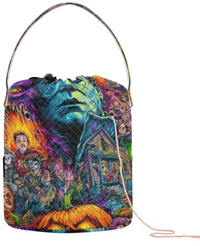 GuoChe Horror-Film, Halloween-Collage, Häkelaufbewahrung, Strickprojekt-Tasche mit Löchern, Reisetasche für Häkeln, Stricken, Strickzubehör