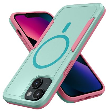 MobNano Magnetisch Hülle für iPhone 15 Hülle, Militärschutz Dual Layer Handyhülle für MagSafe, Outdoor Heavy Duty Bumper Stoßfest Schwerlast Schutzhülle iPhone 15 Case - Grün/Rosa