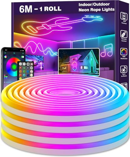 NUERPO 6m LED Neon Seillichter, Steuerung mit App/Fernbedienung, Flexibles LED Seillicht, Mehrere Modi