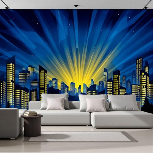 NAWVNMI Papier Peint Panoramique 3D Soie Nuit Ville -450 x 315cm -Peinture Murale Jaune Halo Photo Poster Tableaux Muraux Salon Chambre Bureau Couloir Mural Décoration