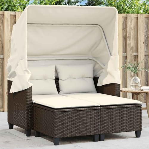 LoogCape Gartensofa 2-Sitzer mit ausziehbarem Dach, braunem Poly Rattan und Hockern, UV-beständig, für Terrasse und Balkon, inklusive Kissen
