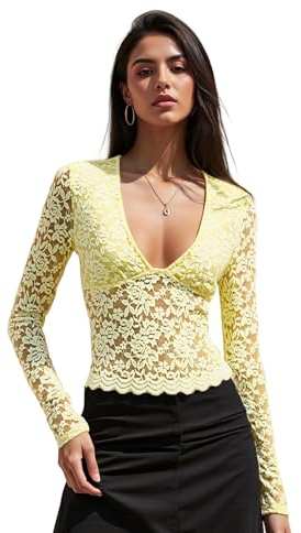 Edhomenn Womens Fashion Lace Tops Casual Long Sleeve Tie Front Shirt Sheer Mesh Blouse Y2k Aesthetic Clothes (25 Yellow, S)