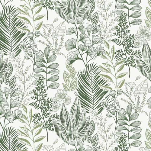 Timeet Peel and Stick Wallpaper Green White Self Adhesive Wallpaper Leaf 41x300CM Vinyl Wrap Furniture Sticker Renter Friendly Contact Paper Removable for Living Room Bedroom Sticky Back Plastic Roll