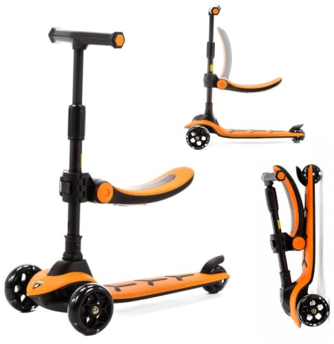 Scooter Kinder Roller ab 3 Jahre, 2 in 1 Roller mit Sitz 2 ab Jahren Orange | 3 Räder, Höhenverstellbar Faltbar Kinderroller bis 50 kg, Automobili Lamborghini Geschenk für Mädchen & Jungen