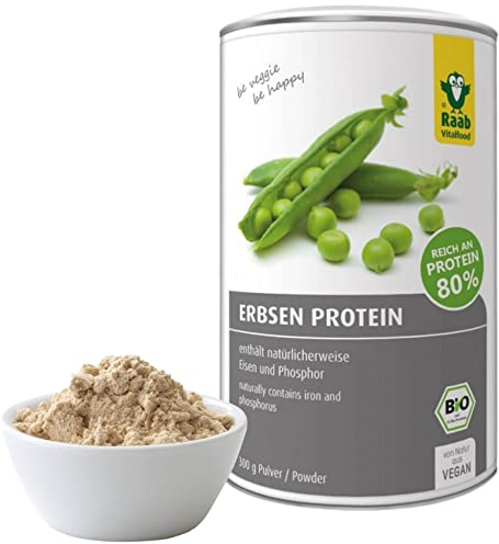 Raab Vitalfood Erbsen Protein Pulver Bio (300 g), 80% pflanzliches Protein, vegane Proteinquelle, reich an Eisen, enthält natürlicherweise Phosphor und alle acht essentiellen Aminosäuren