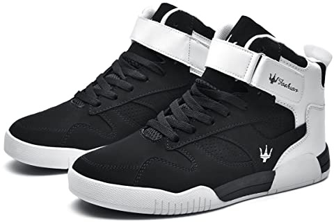 FZUU Men's Fashion High Top Leather Street Sneakers Sports Casual Shoes, Black, 8 UK