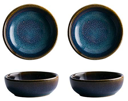 Colias Wing Lot de 4 bols en porcelaine vintage bleu avec bord marron - 6,3 cm - Pour assaisonnement, sauce soja - Bleu
